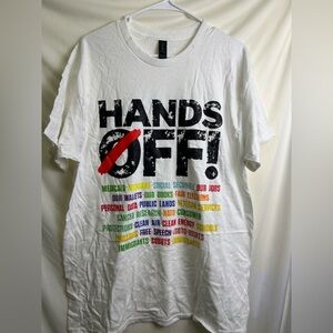 3/$15 White Tee with Bold 'Hands Off!' Graphic